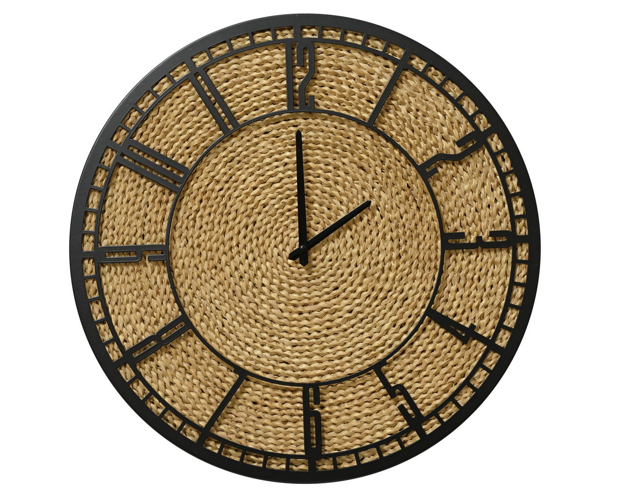 Zurbrüggen Wanduhr Runde Wanduhr mit schwarzem Metallrahmen und geflochtenem, naturfarbenem Zifferblatt, frontal abgebildet.