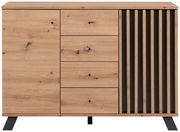 Kommode aus Holz mit drei Schubladen und einer Tür, moderne schwarze Akzente, Frontalansicht