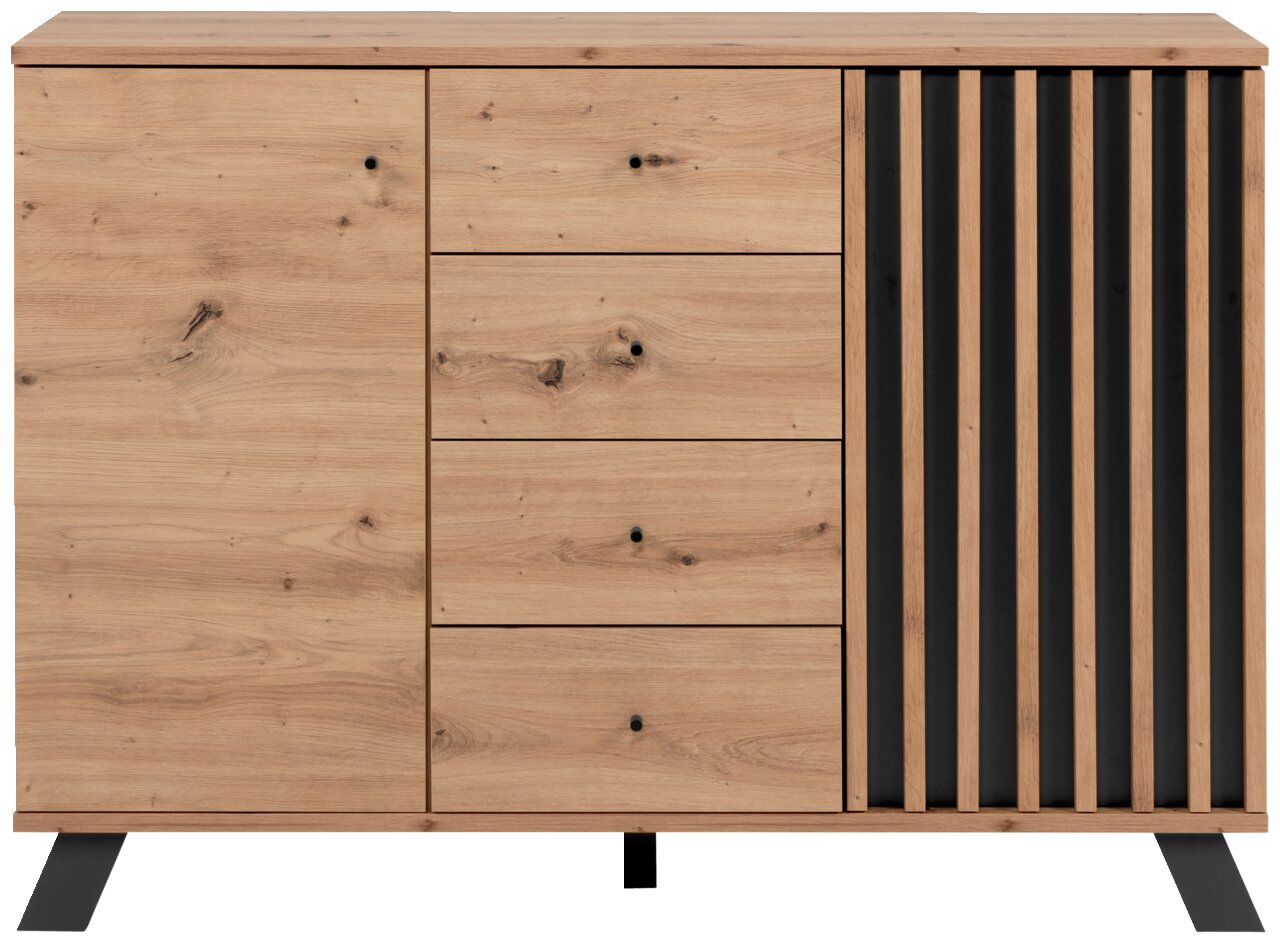 Kommode aus Holz mit drei Schubladen und einer Tür, moderne schwarze Akzente, Frontalansicht