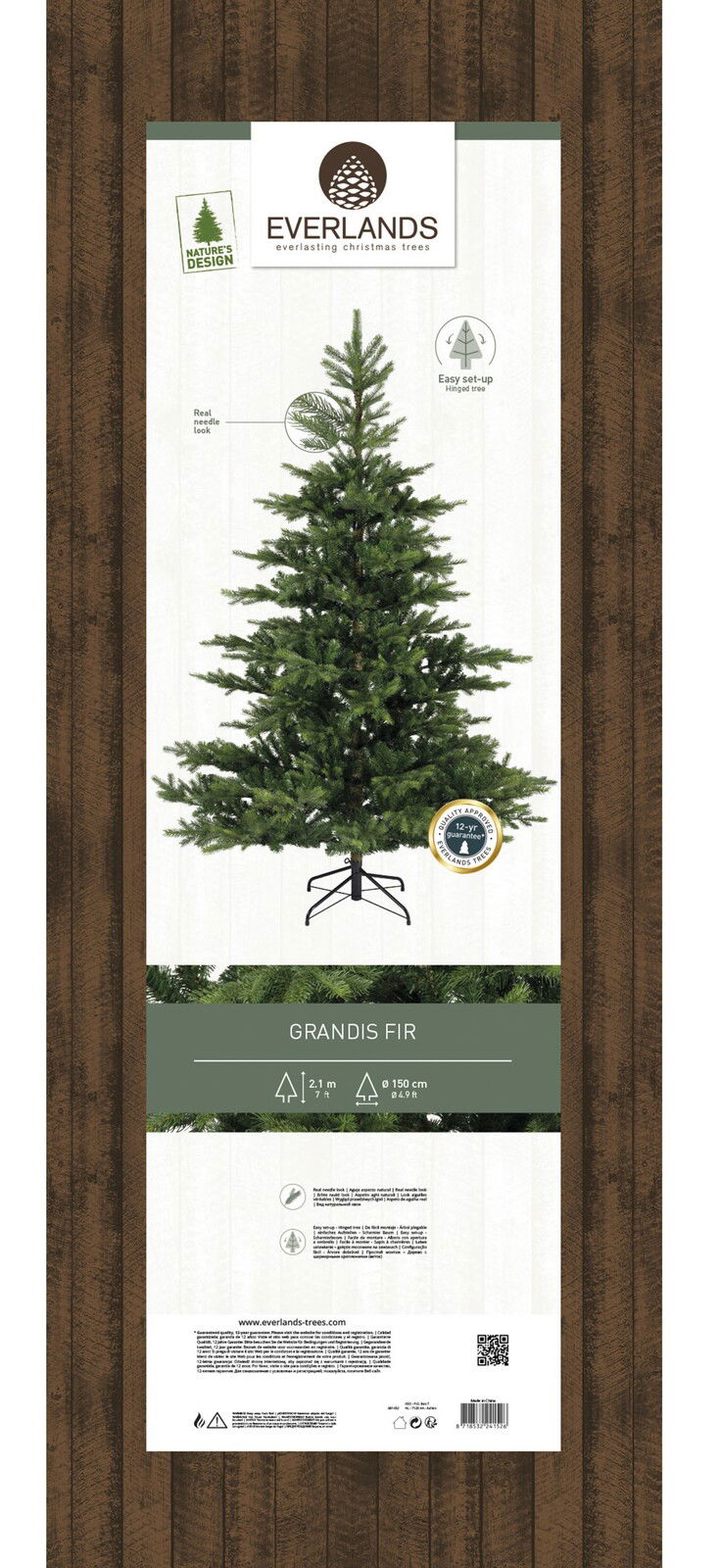 Künstlicher Weihnachtsbaum Grandis Fir, 2,1 m hoch und 1,5 m im Durchmesser, mit realistischem Nadel-Look, auf einem stabilen Metallständer, frontal abgebildet.