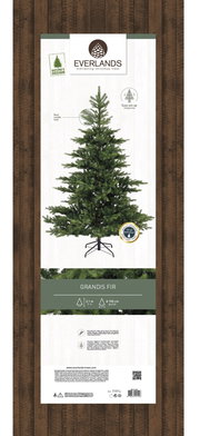 Künstlicher Weihnachtsbaum Grandis Fir, 2,1 m hoch und 1,5 m im Durchmesser, mit realistischem Nadel-Look, auf einem stabilen Metallständer, frontal abgebildet.
