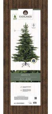 Kunstkerstboom Grandis Fir, 2,1 m hoog en 1,5 m in diameter, met realistisch naaldblad, afgebeeld van voren op een stevige metalen standaard.