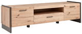 TV-Lowboard aus Holz mit zwei Schubladen und einem offenen Fach, seitliche Perspektive