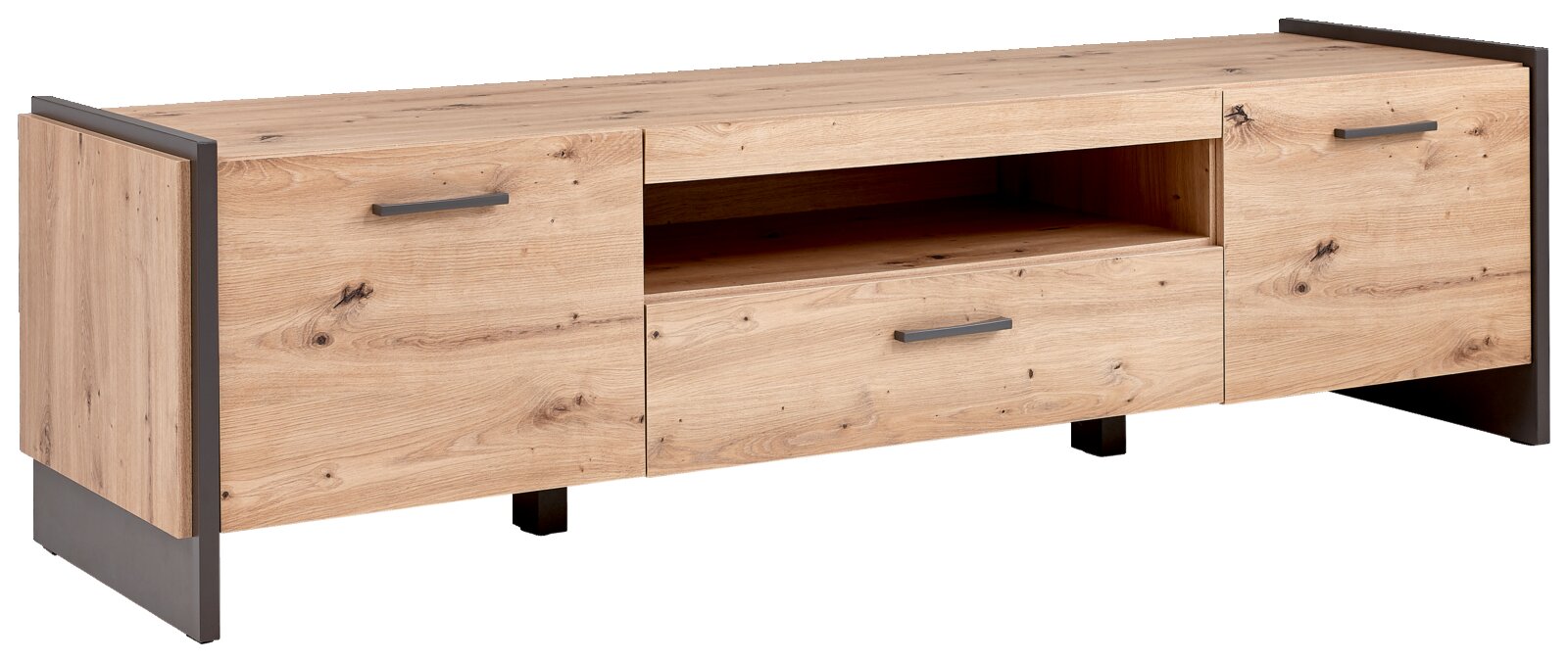 TV-Lowboard aus Holz mit zwei Schubladen und einem offenen Fach, seitliche Perspektive