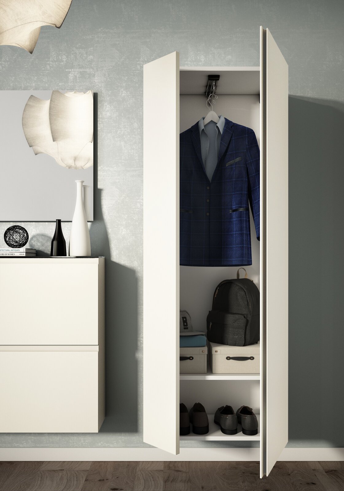 Hänge-Garderobenschrank mit zwei Türen, geöffnet, zeigt einen Anzug, Schuhe und Aufbewahrungsboxen, seitliche Perspektive.