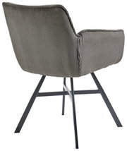 Achterkant van een grijze fauteuil met gestreepte stoffen bekleding en zwarte metalen poten.