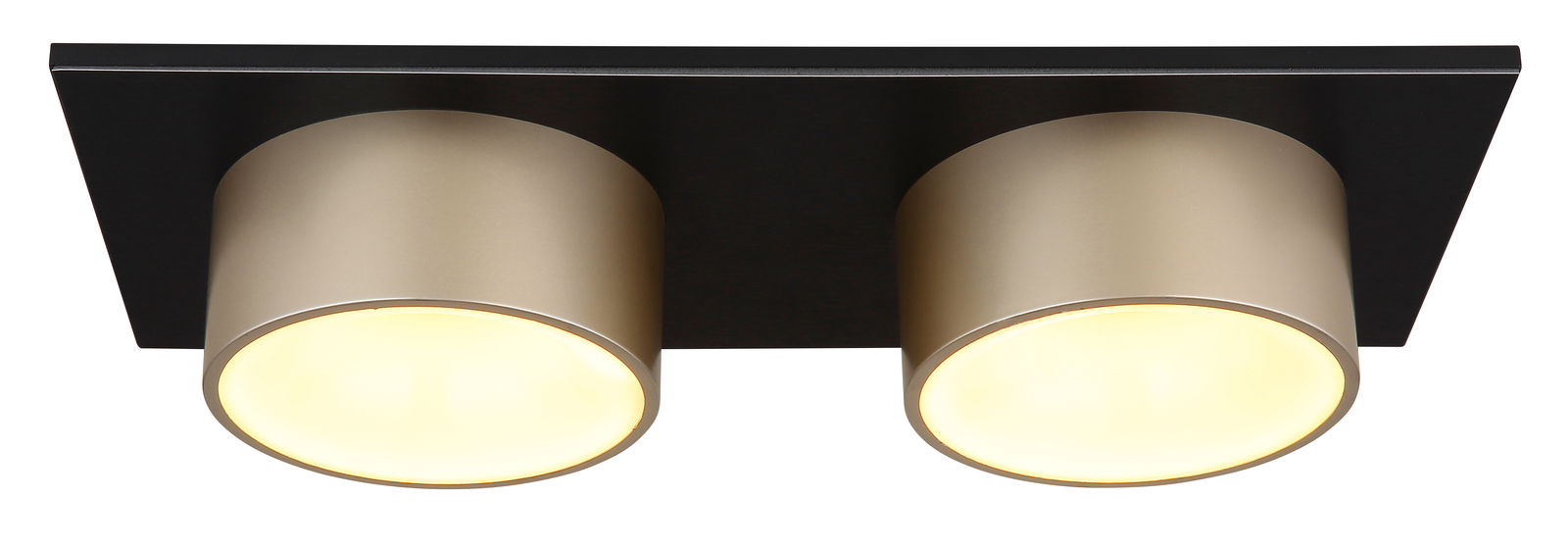 Moderne Deckenleuchte mit zwei zylindrischen, goldfarbenen Lampenschirmen auf schwarzer Basis, Ansicht von unten.