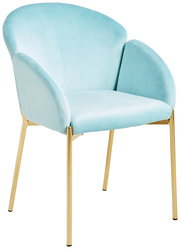 Moderner Sessel mit hellblauem Samtbezug und goldenen Metallbeinen, seitliche Perspektive