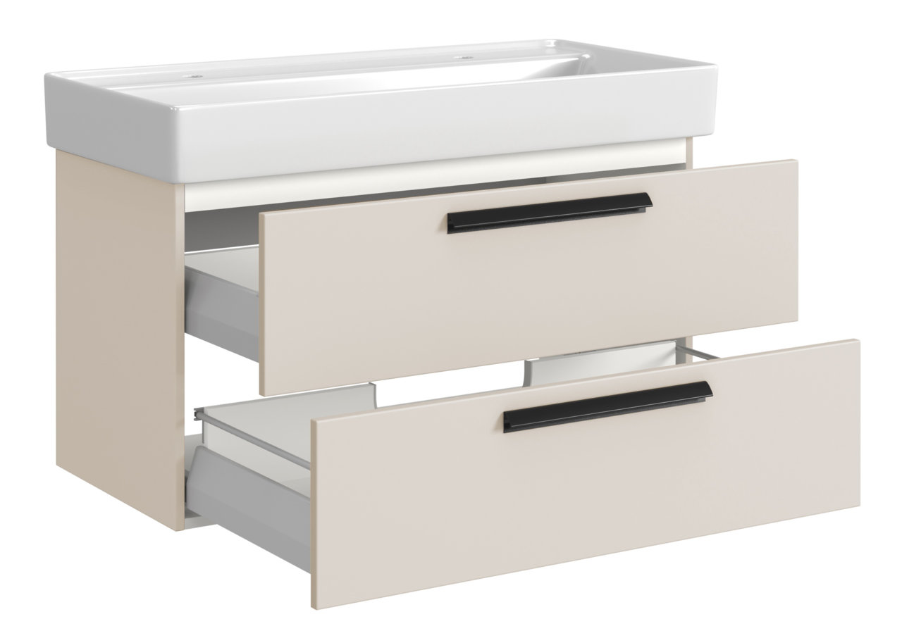 Waschtisch-Set mit zwei Schubladen in heller Farbe, Ansicht von vorne links