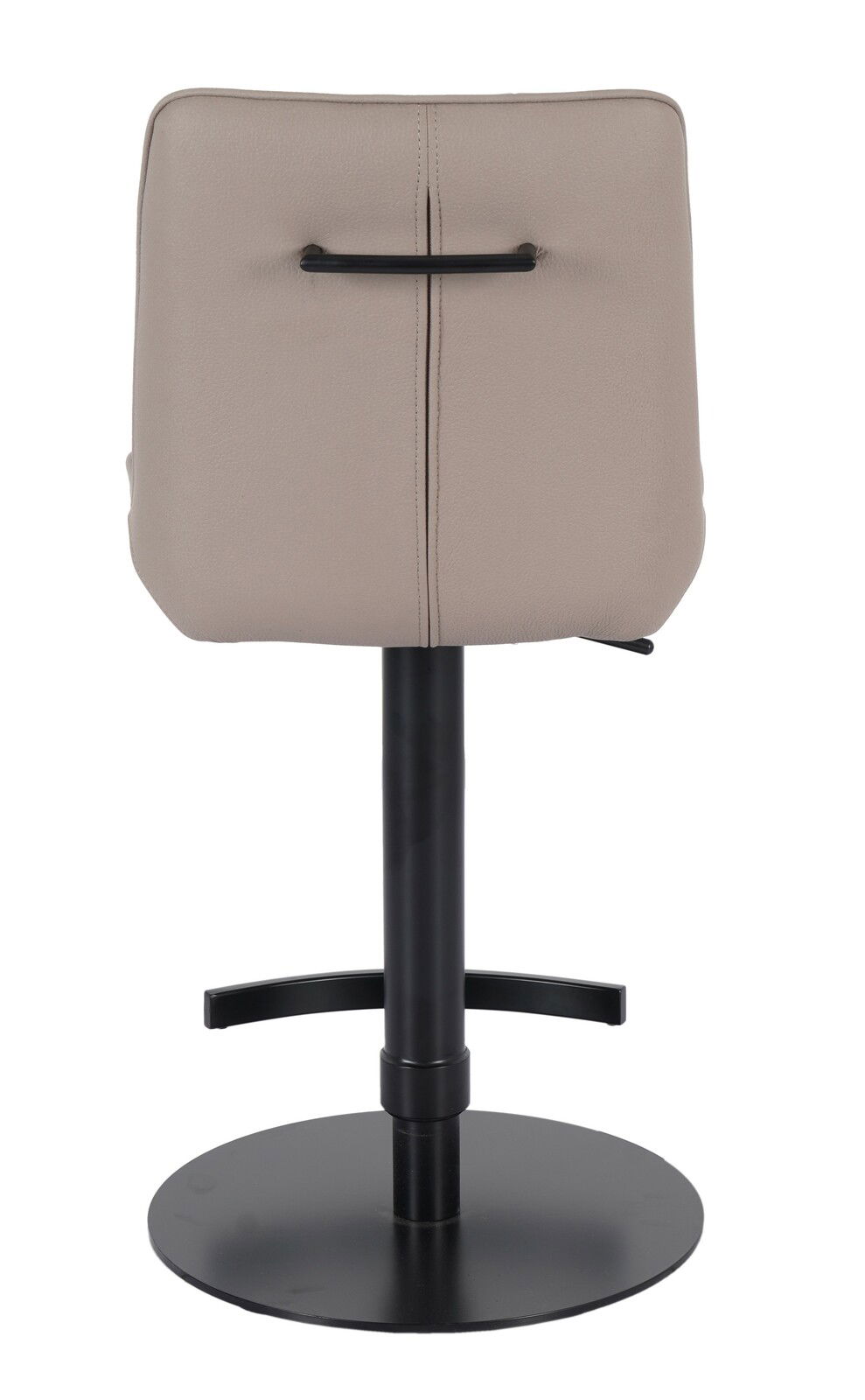 Rückansicht eines modernen Barhockers mit beigem Sitz und schwarzem Metallfuß.