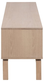 TV-Lowboard aus hellem Holz, Vorderansicht mit klaren Linien und minimalistischen Design.