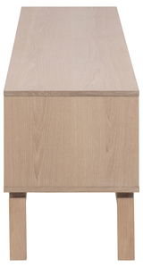 TV-Lowboard aus hellem Holz, Vorderansicht mit klaren Linien und minimalistischen Design.