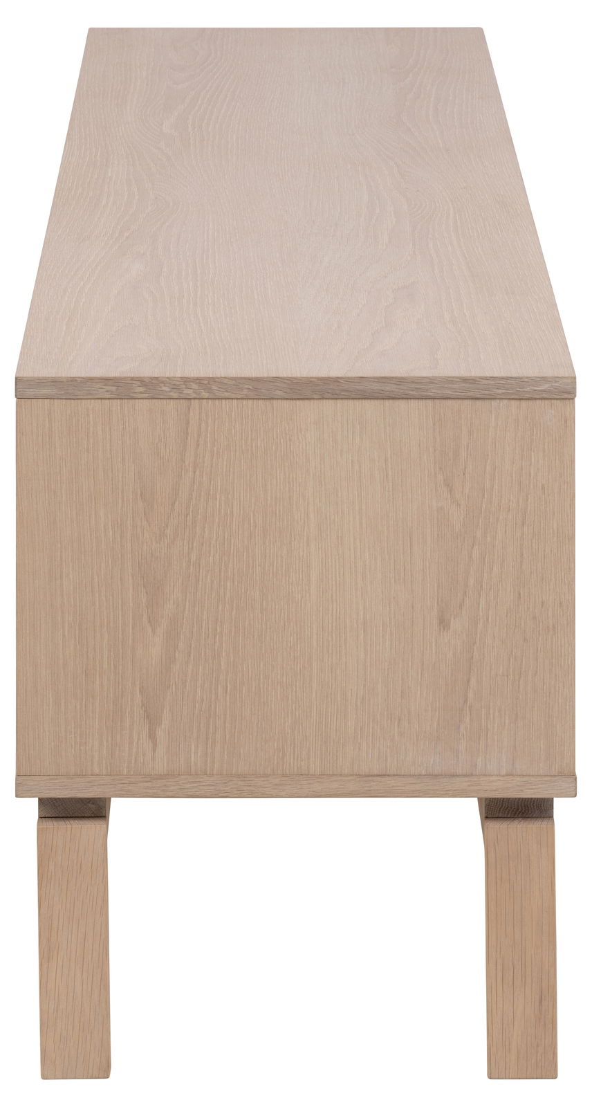 TV-Lowboard aus hellem Holz, Vorderansicht mit klaren Linien und minimalistischen Design.