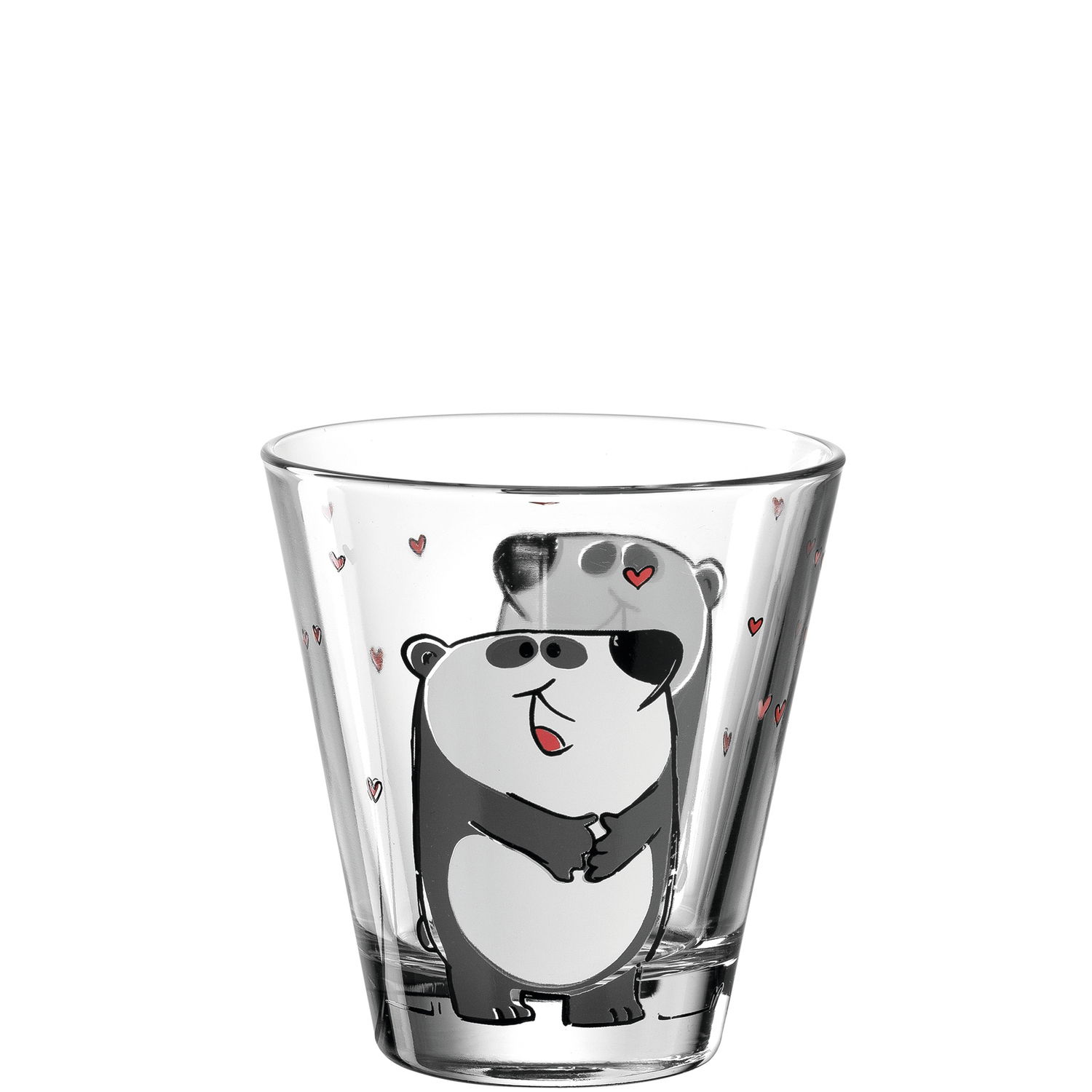 Becher mit Panda-Motiv und kleinen Herzen, frontal abgebildet
