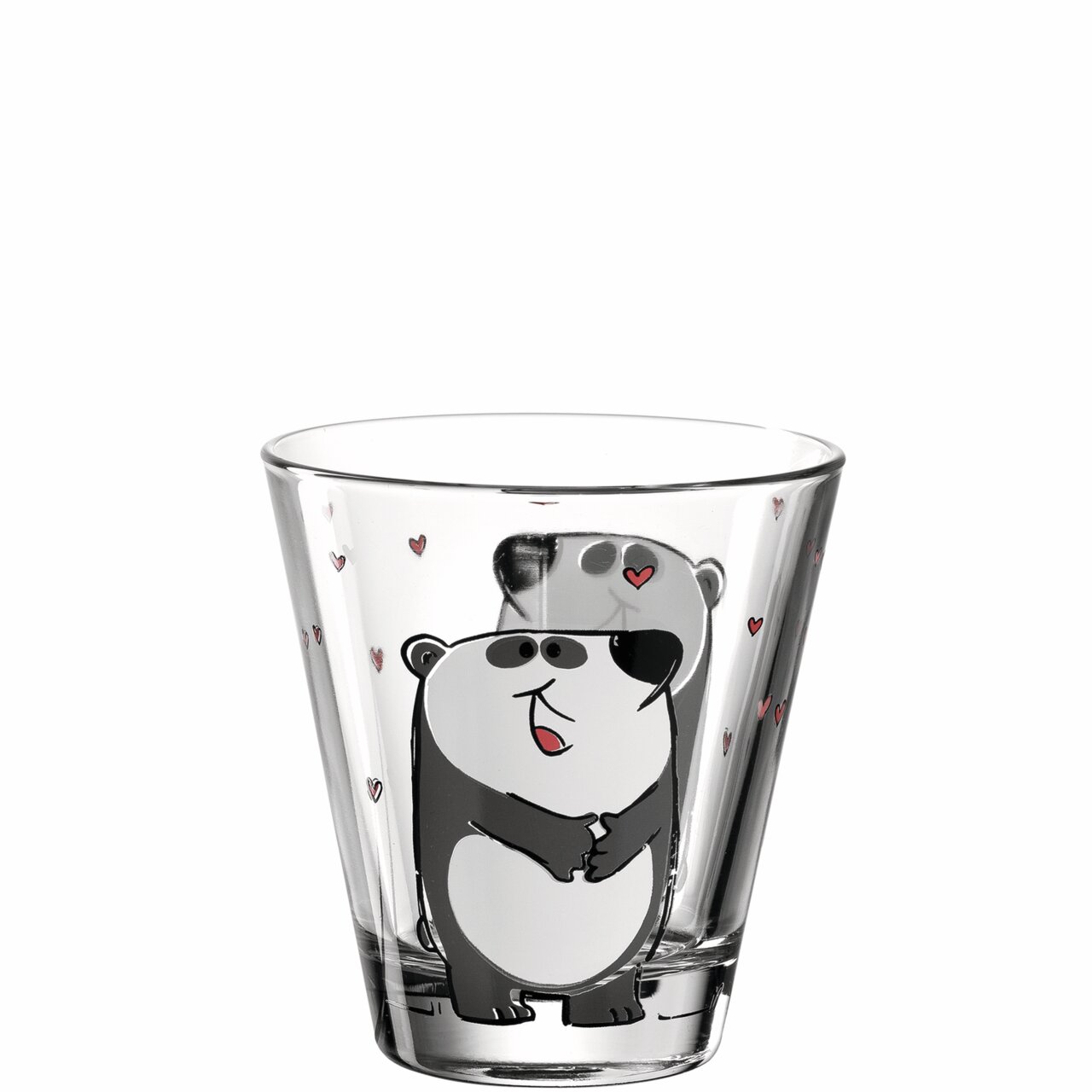 Becher mit Panda-Motiv und kleinen Herzen, frontal abgebildet