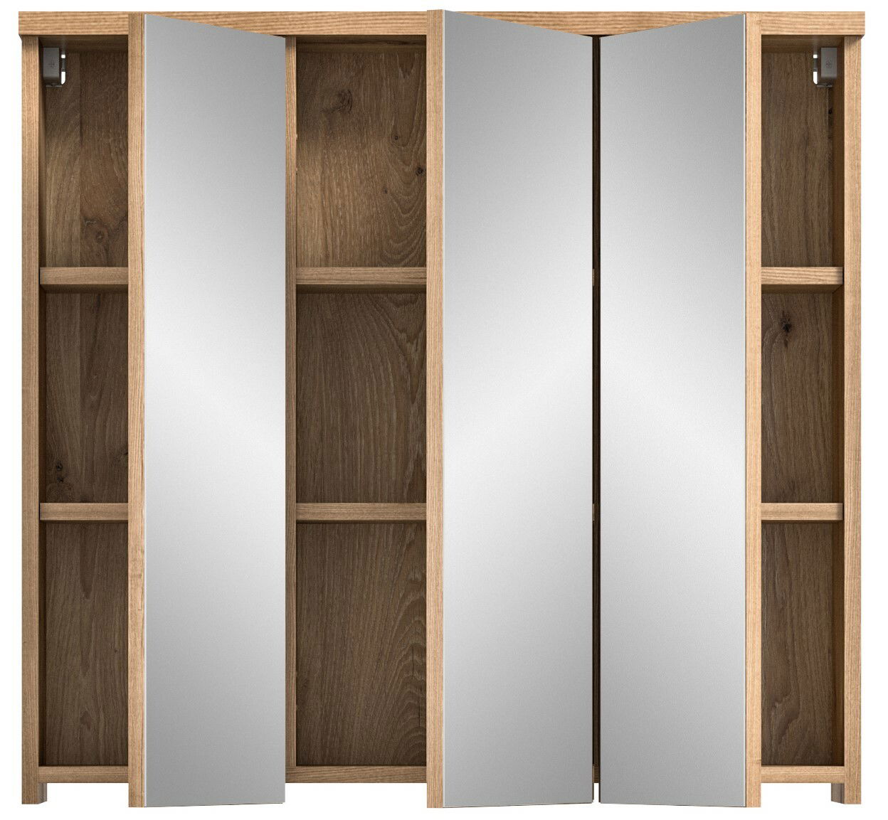 Spiegelschrank mit Holzrahmen und offenen Türen, frontale Ansicht