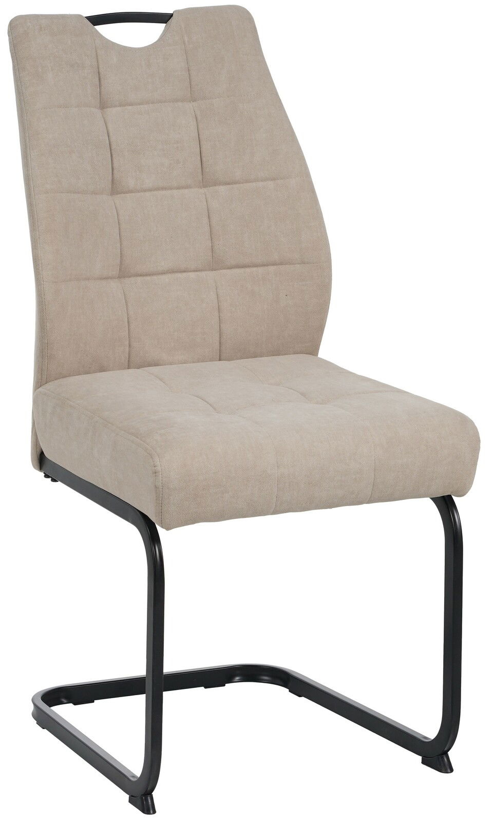 Beiger Schwingstuhl mit gepolsterter Sitzfläche und Rückenlehne, seitliche Perspektive