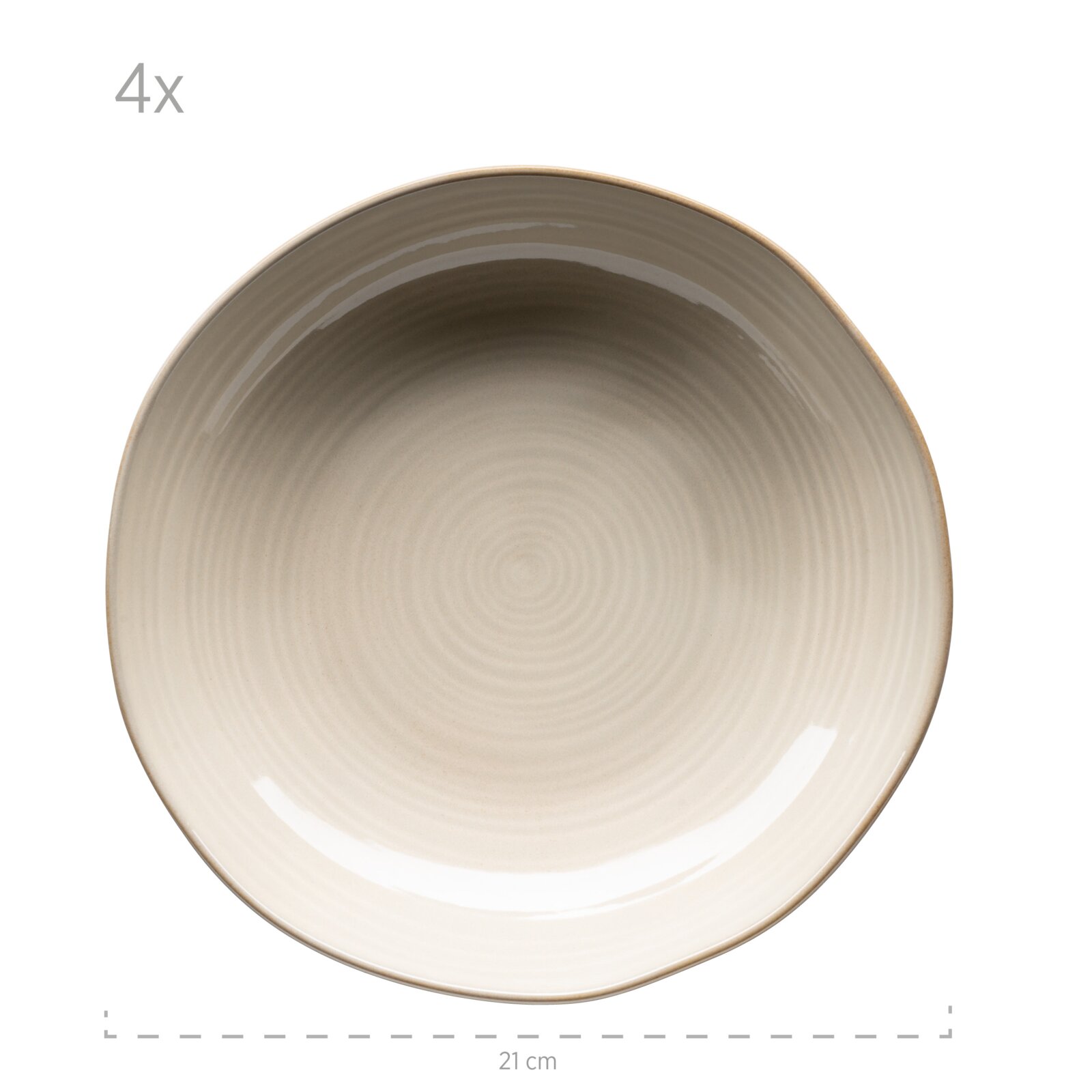 Runde Keramikschale in Beige mit feinen konzentrischen Rillen und leicht dunklerem Rand, ca. 21 cm Durchmesser, Draufsicht von oben