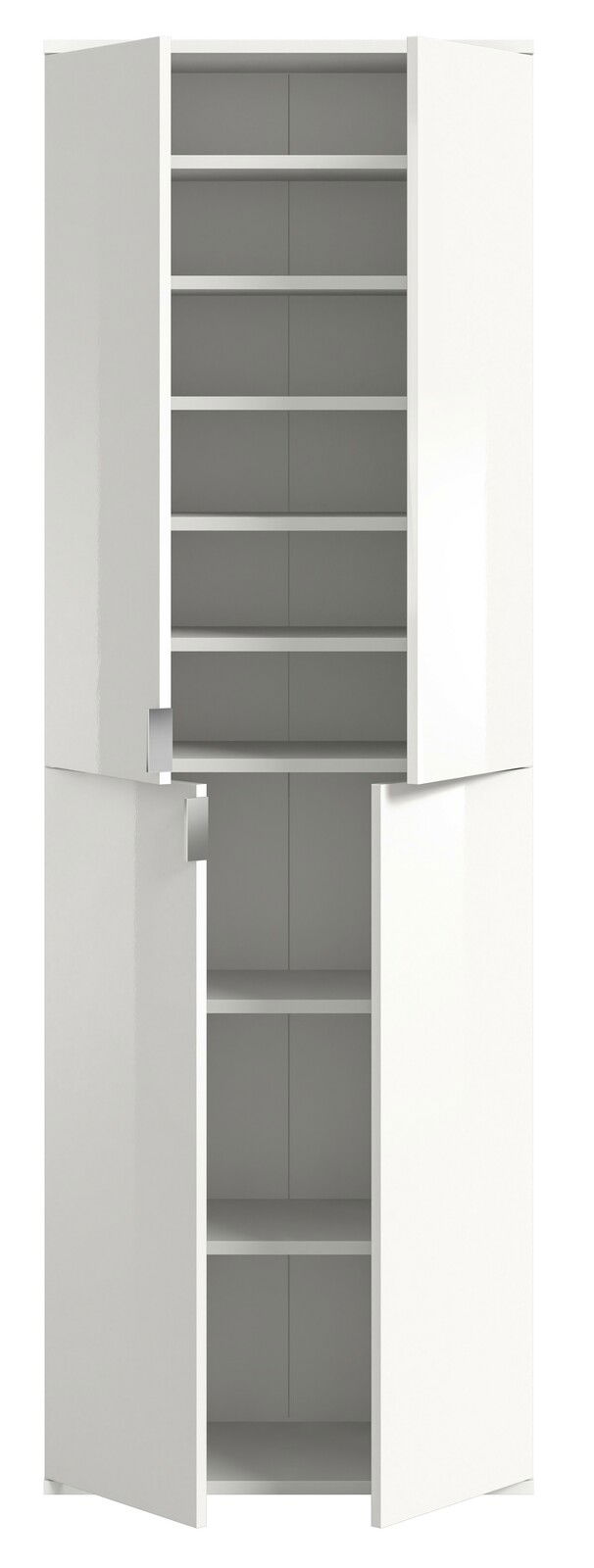 Weiße Garderobenkombination mit offenen Türen, zeigt mehrere Regalböden, frontale Perspektive.
