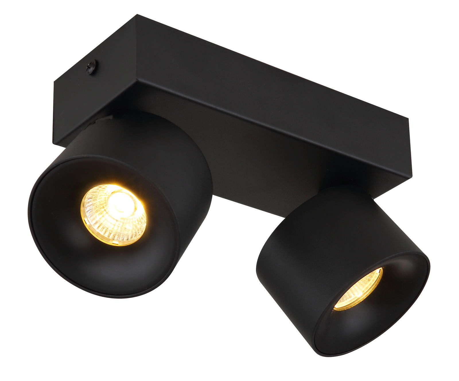 Schwarzer LED Strahler mit zwei Leuchten, seitliche Perspektive