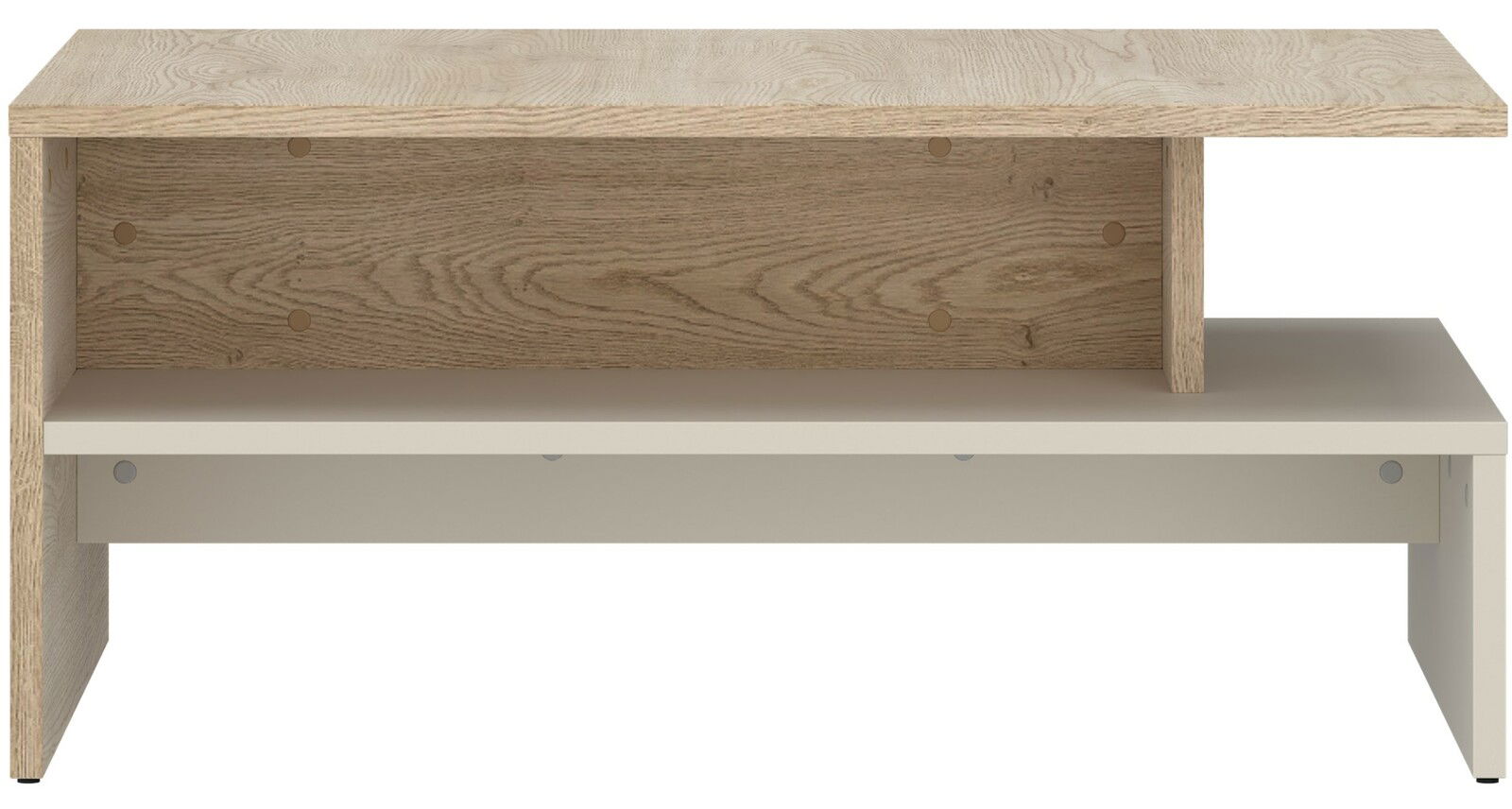 Moderner Couchtisch aus Holz mit zwei Ebenen, Frontansicht