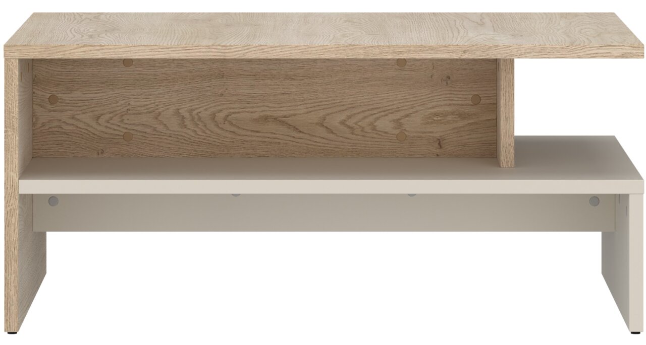 Moderner Couchtisch aus Holz mit zwei Ebenen, Frontansicht