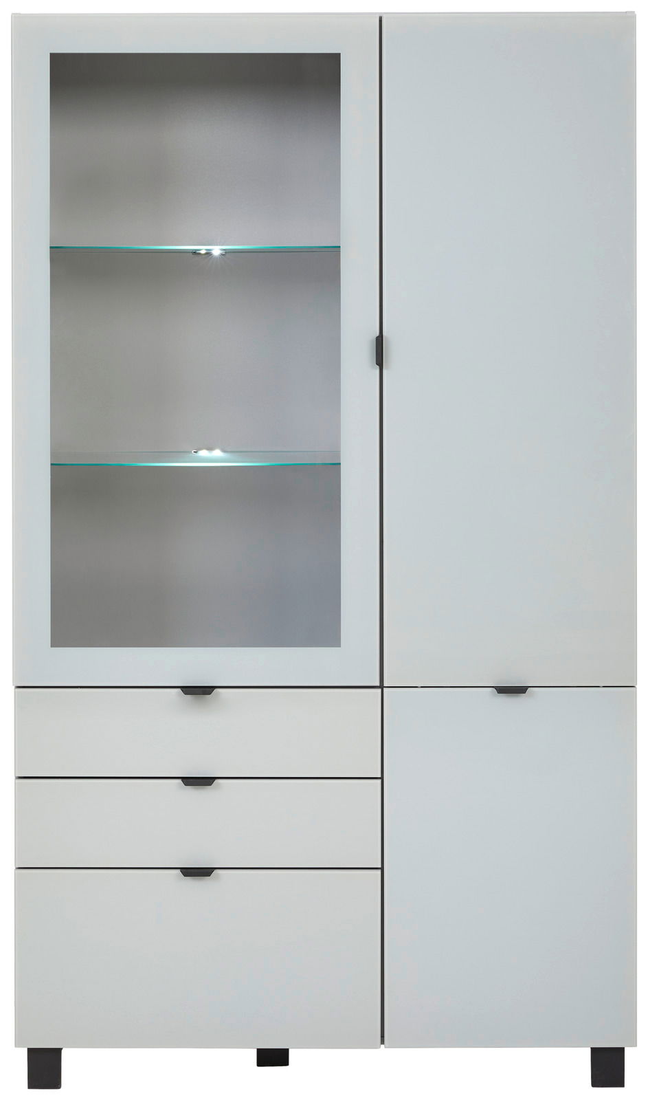 Frontale Ansicht der Vitrine POOLE mit Glastür und Schubladen, modernes Design in Weiß.