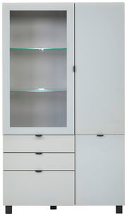 Frontale Ansicht der Vitrine POOLE mit Glastür und Schubladen, modernes Design in Weiß.