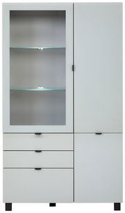 Frontale Ansicht der Vitrine POOLE mit Glastür und Schubladen, modernes Design in Weiß.