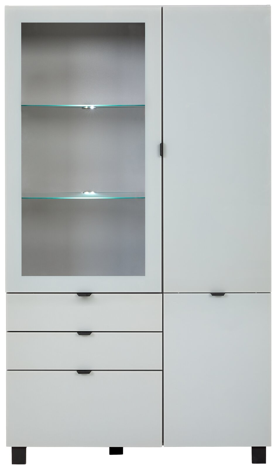 Frontale Ansicht der Vitrine POOLE mit Glastür und Schubladen, modernes Design in Weiß.