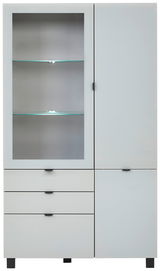 Frontale Ansicht der Vitrine POOLE mit Glastür und Schubladen, modernes Design in Weiß.