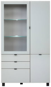 Frontale Ansicht der Vitrine POOLE mit Glastür und Schubladen, modernes Design in Weiß.