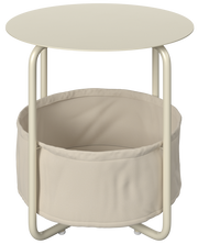 Moderner Beistelltisch mit rundem Tischplatte und integriertem Stoffkorb, seitliche Perspektive