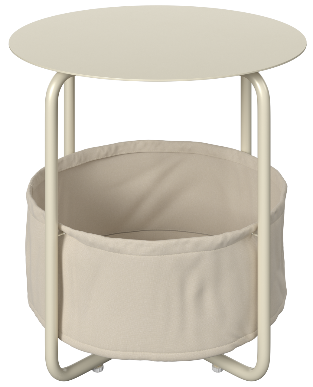 Moderner Beistelltisch mit rundem Tischplatte und integriertem Stoffkorb, seitliche Perspektive