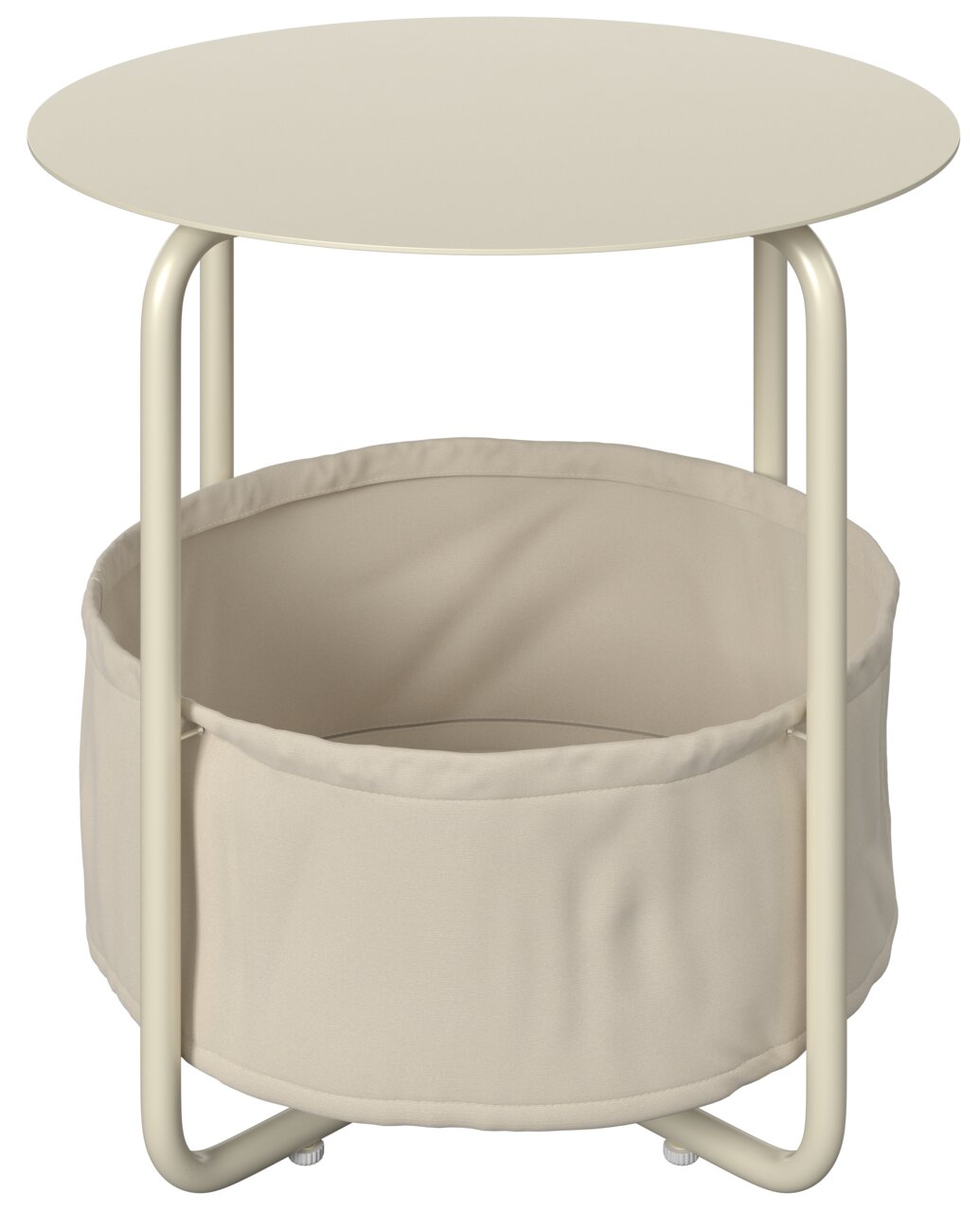 Moderner Beistelltisch mit rundem Tischplatte und integriertem Stoffkorb, seitliche Perspektive