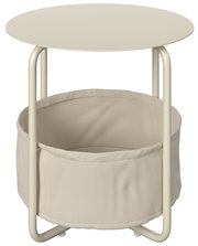 Moderner Beistelltisch mit rundem Tischplatte und integriertem Stoffkorb, seitliche Perspektive