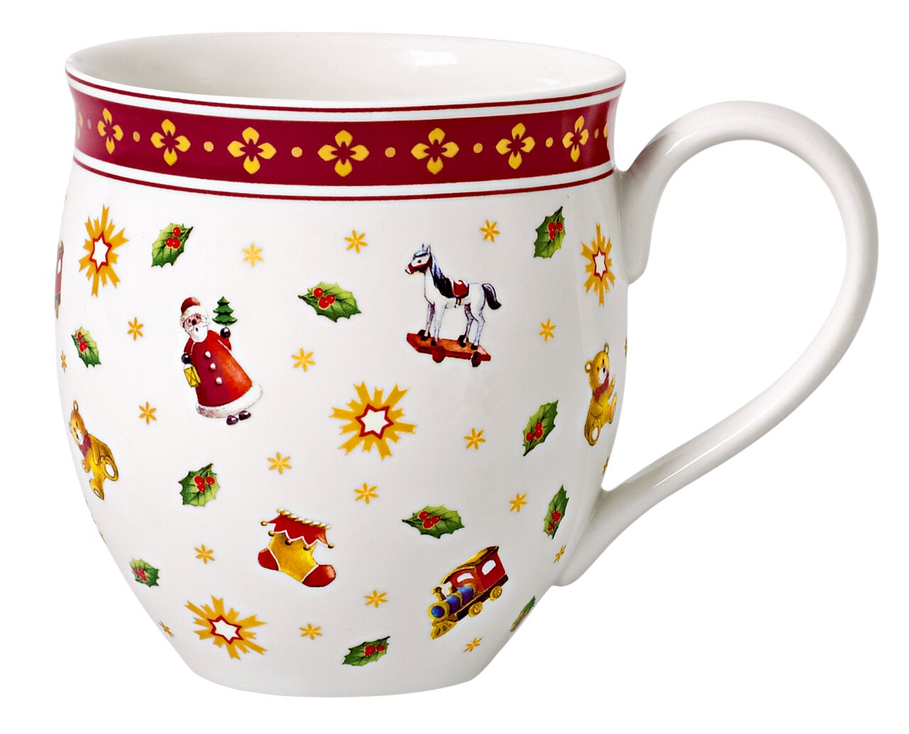 Weihnachtlich dekorierter Becher mit Henkel, verziert mit Motiven wie Weihnachtsmann, Schaukelpferd und Teddybär, seitliche Perspektive