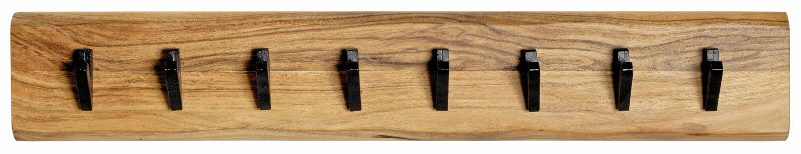 Wandgarderobe aus Holz mit sieben schwarzen Haken, Ansicht von vorne