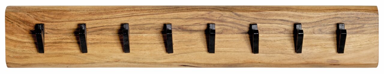 Wandgarderobe aus Holz mit sieben schwarzen Haken, Ansicht von vorne