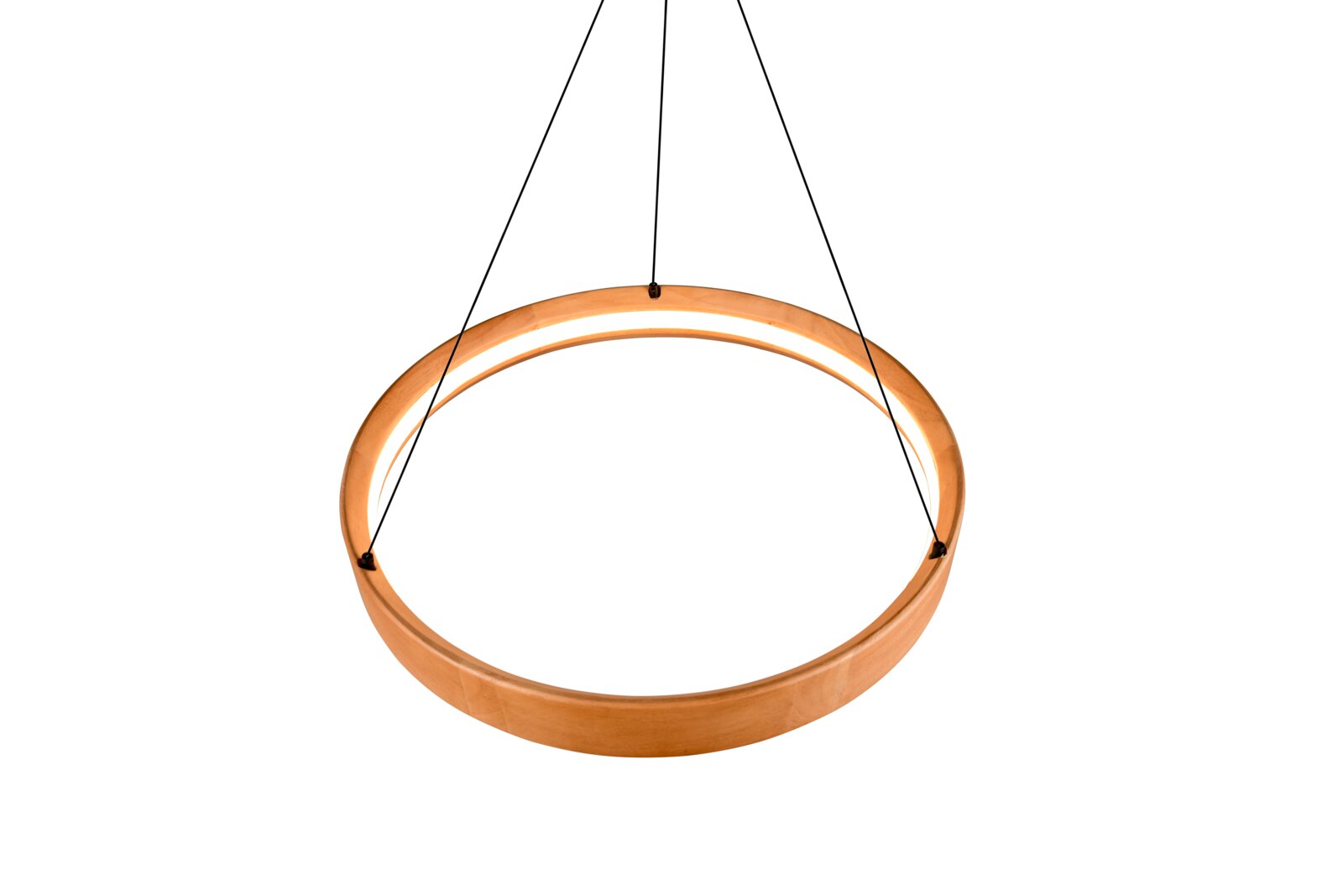 Moderne hangerlamp van hout in de vorm van een ring, gezien van onderaf, met een zwarte ophanging.