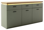 Modernes Sideboard/Kommode in Olivgrün mit Holzplatte, integrierter LED-Lichtleiste und schwarzen Griffen, Frontansicht leicht von links