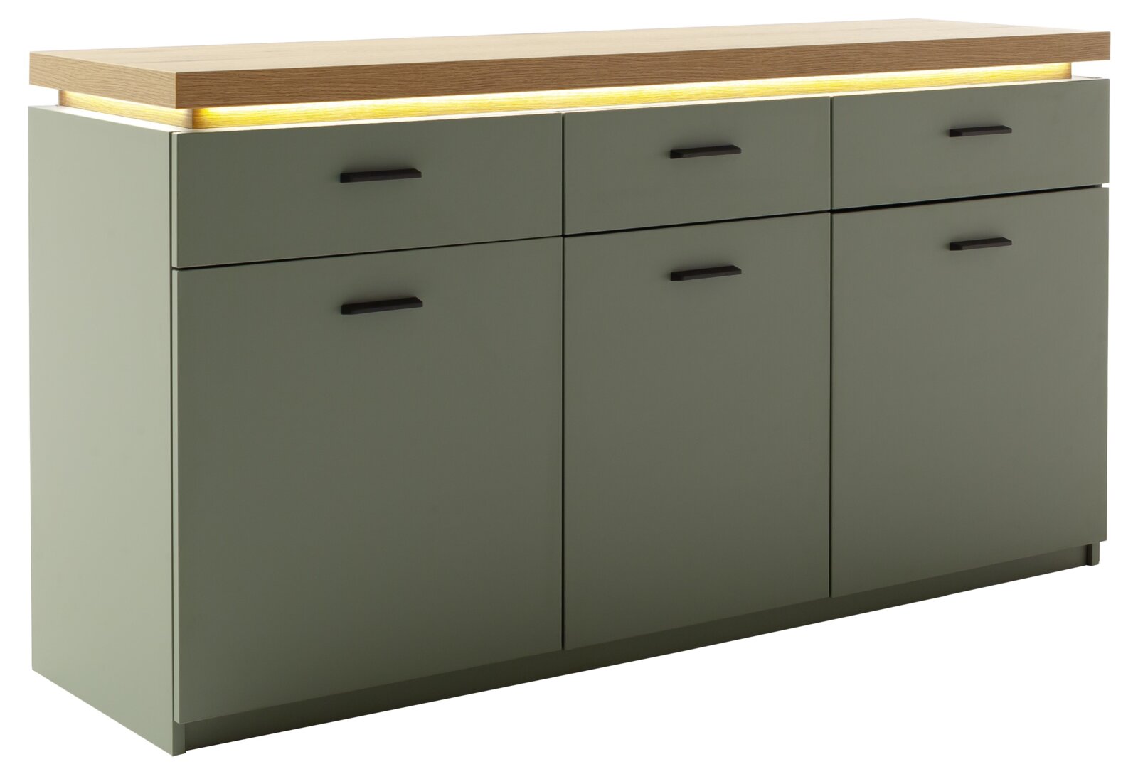 Modernes Sideboard/Kommode in Olivgrün mit Holzplatte, integrierter LED-Lichtleiste und schwarzen Griffen, Frontansicht leicht von links