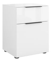 Weiße Nachtkommode mit zwei Schubladen, seitliche Perspektive