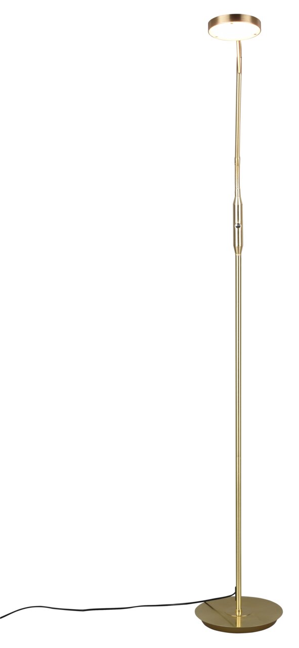Stehleuchte in Gold mit rundem Lampenschirm, seitliche Perspektive