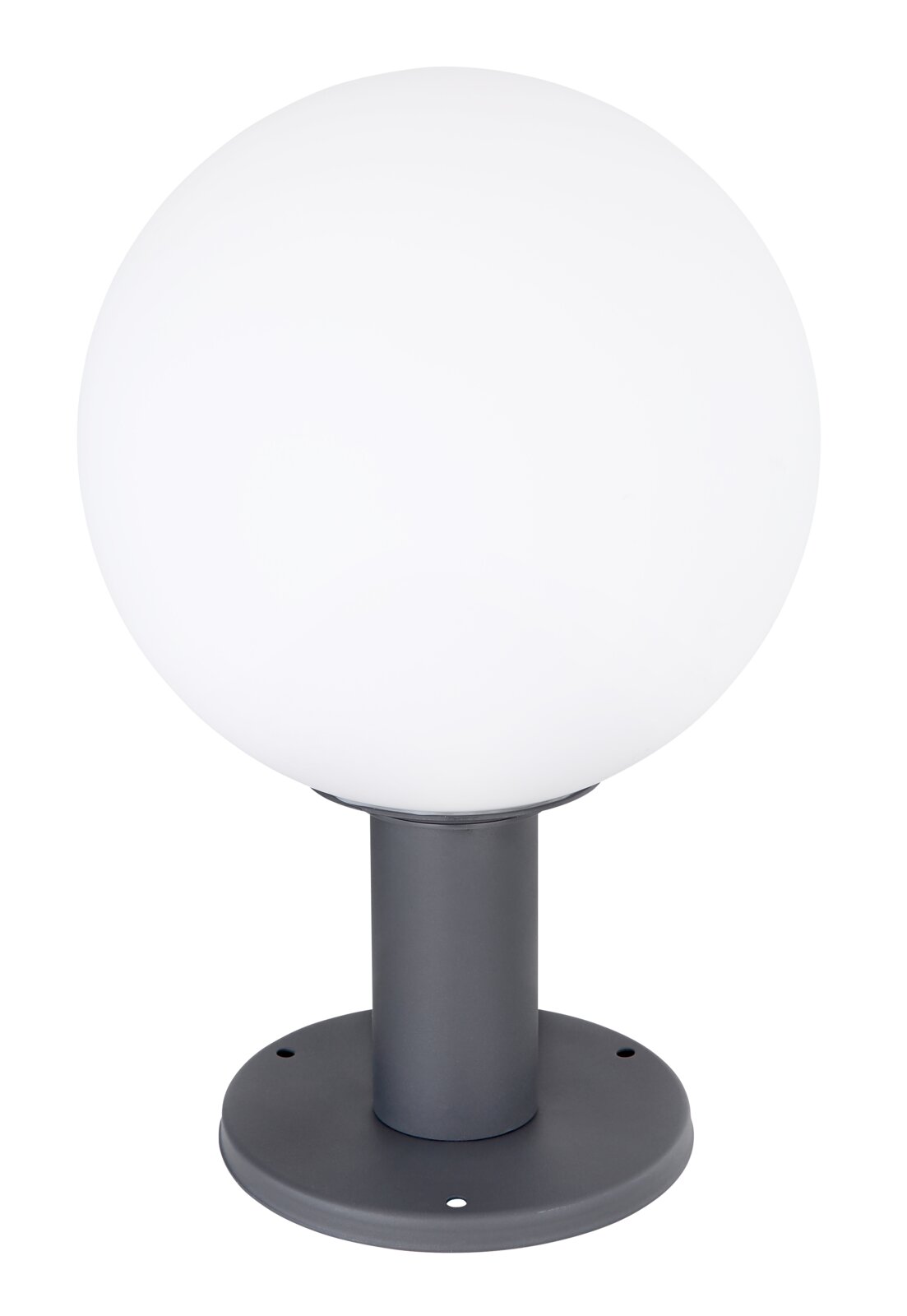 Kugelförmige Außenleuchte mit weißem Lampenschirm und grauem Sockel, seitliche Perspektive