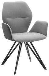 Grauer Armlehnenstuhl mit modernem Design, schwarzem Metallgestell und gepolstertem Sitz, seitliche Perspektive