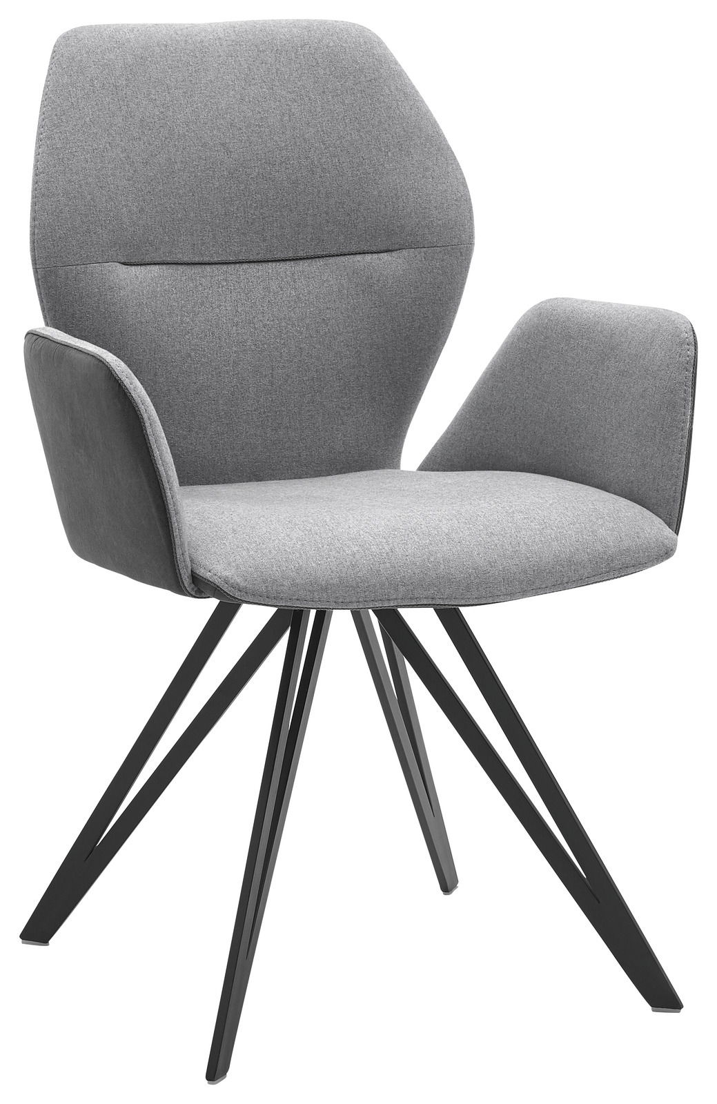 Grauer Armlehnenstuhl mit modernem Design, schwarzem Metallgestell und gepolstertem Sitz, seitliche Perspektive