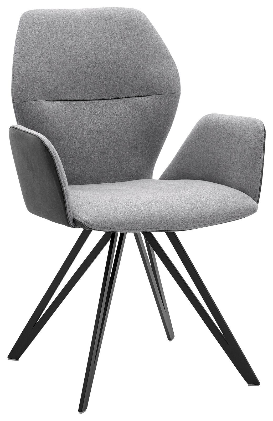 Grauer Armlehnenstuhl mit modernem Design, schwarzem Metallgestell und gepolstertem Sitz, seitliche Perspektive