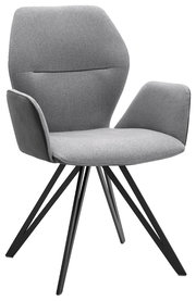 Grauer Armlehnenstuhl mit modernem Design, schwarzem Metallgestell und gepolstertem Sitz, seitliche Perspektive