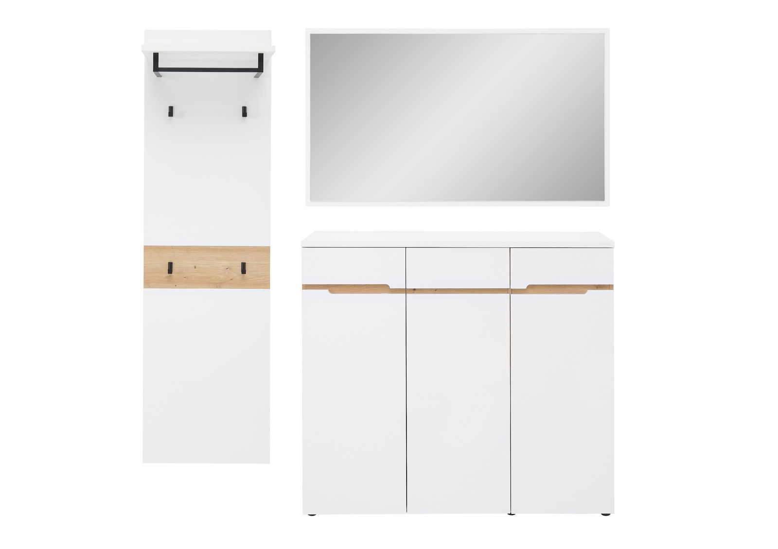 XORA Garderobenset 3-tlg. MEMPHIS Garderobenset 3-tlg. in Weiß mit Holzdetails, bestehend aus einem hohen Paneel mit Haken, einem großen Spiegel und einem geräumigen Schrank. Frontalansicht.